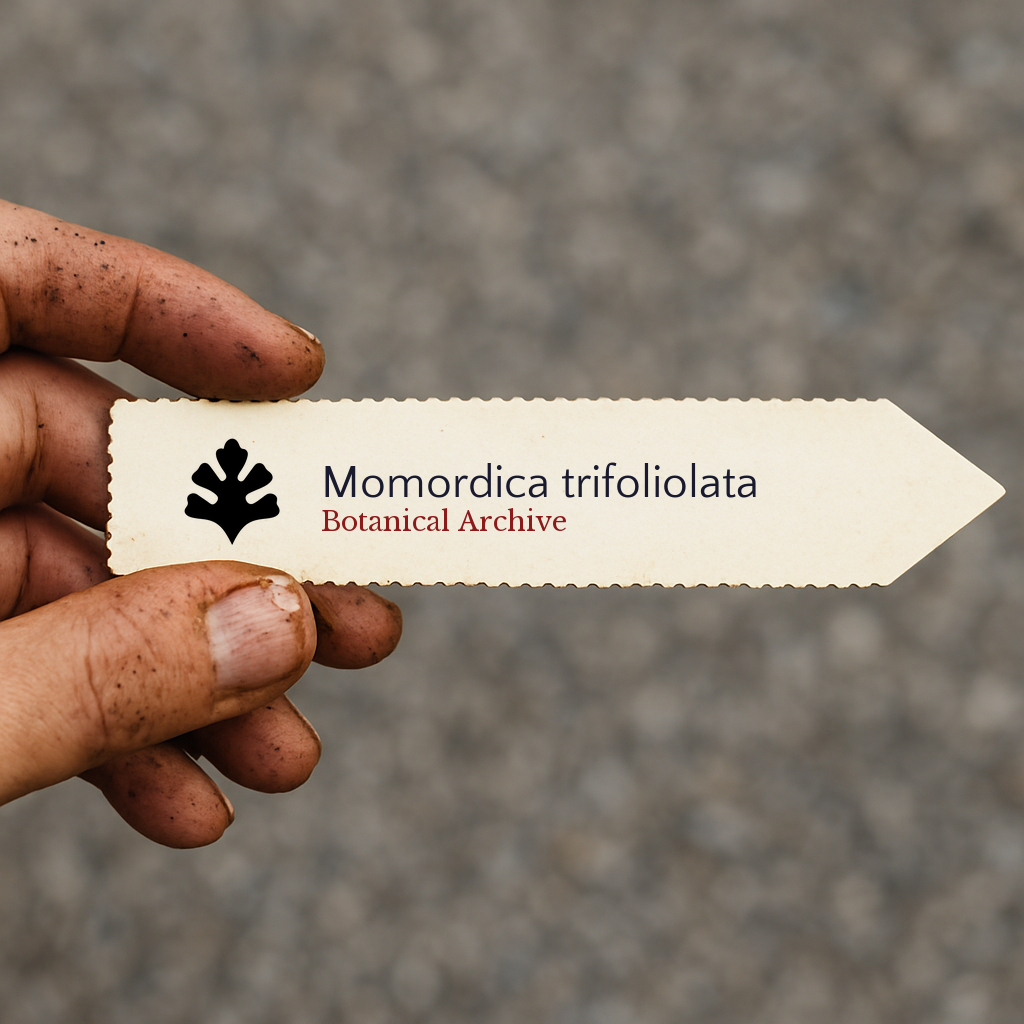 Printed plant label for Momordica trifoliolata held by dirty hand outdoors