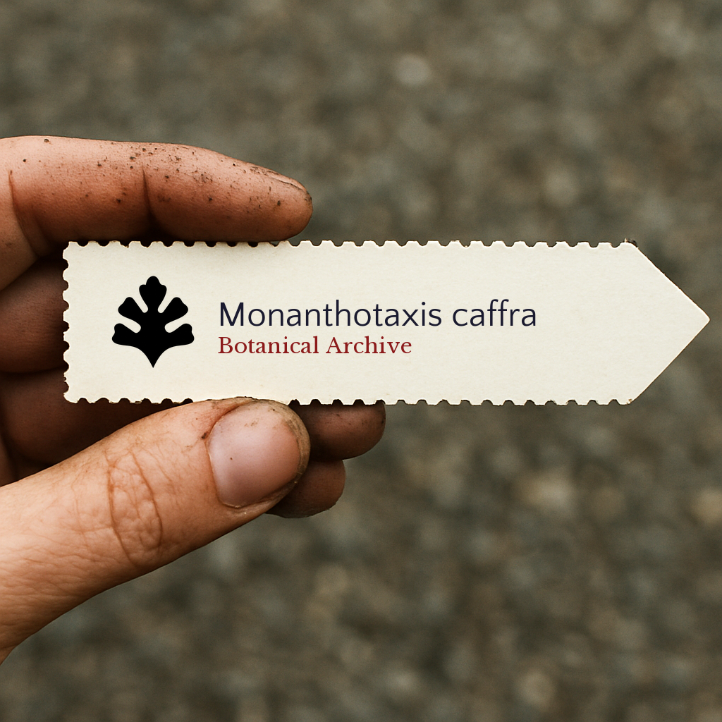 Printed plant label for Monanthotaxis caffra held by hand with soil-stained fingers