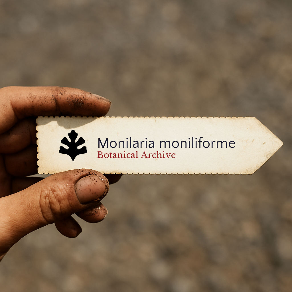 Etichetta stampata per pianta di Monilaria moniliforme tenuta da mano sporca di terra