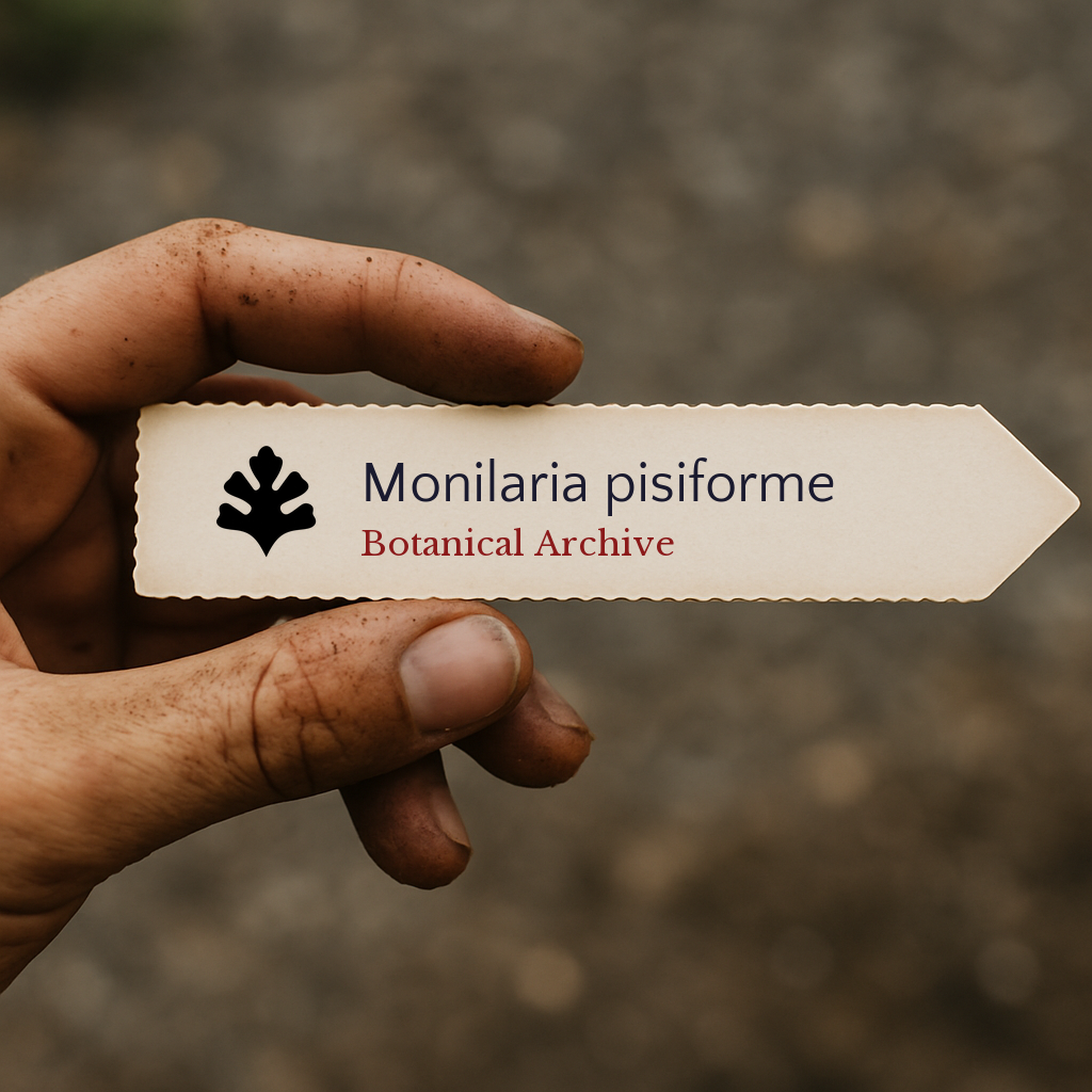 Etichetta per pianta stampata per Monilaria pisiforme tenuta a mano con sfondo di terra