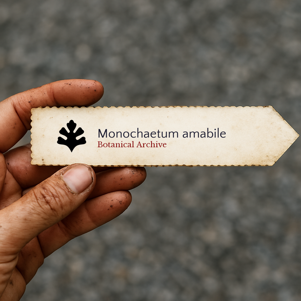Printed plant label for Monochaetum amabile held by hand with dirt background