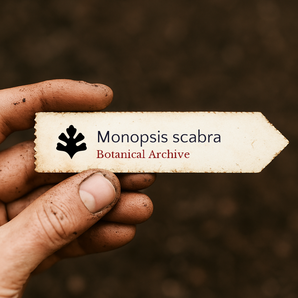 Etichetta stampata per pianta di Monopsis scabra tenuta da mano sporca con sfondo di terreno