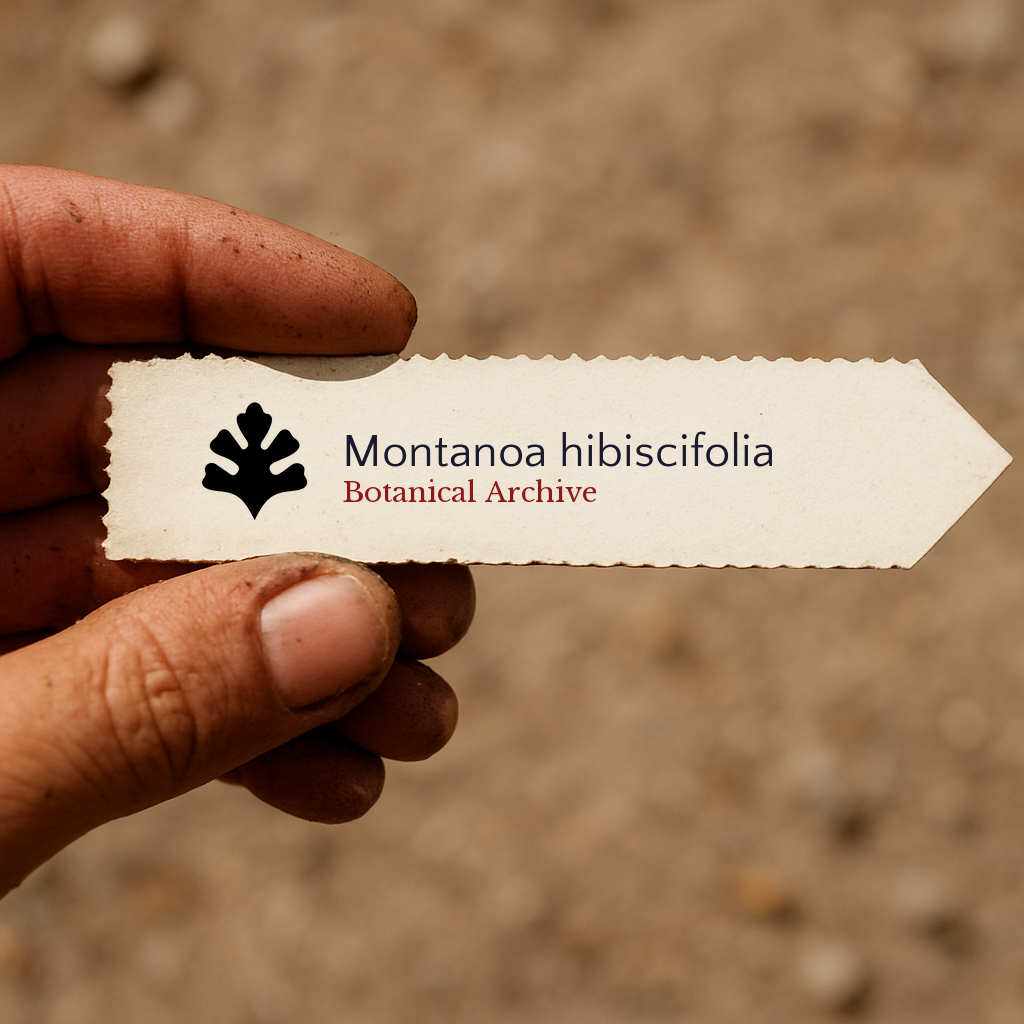 Printed plant label for Montanoa hibiscifolia held by hand with soil background