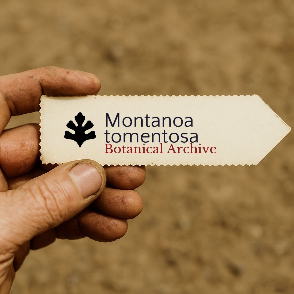 Etichetta per pianta stampata di Montanoa tomentosa tenuta in mano con sfondo di terra