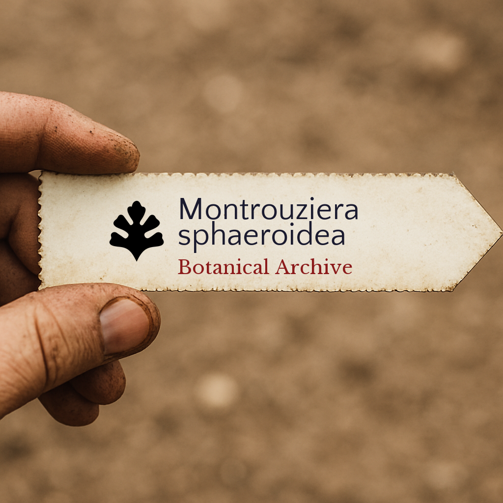 Printed plant label for Montrouziera sphaeroidea with botanical archive logo held in hand