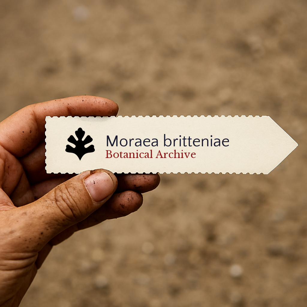 Printed plant label for Moraea britteniae held by hand with soil background
