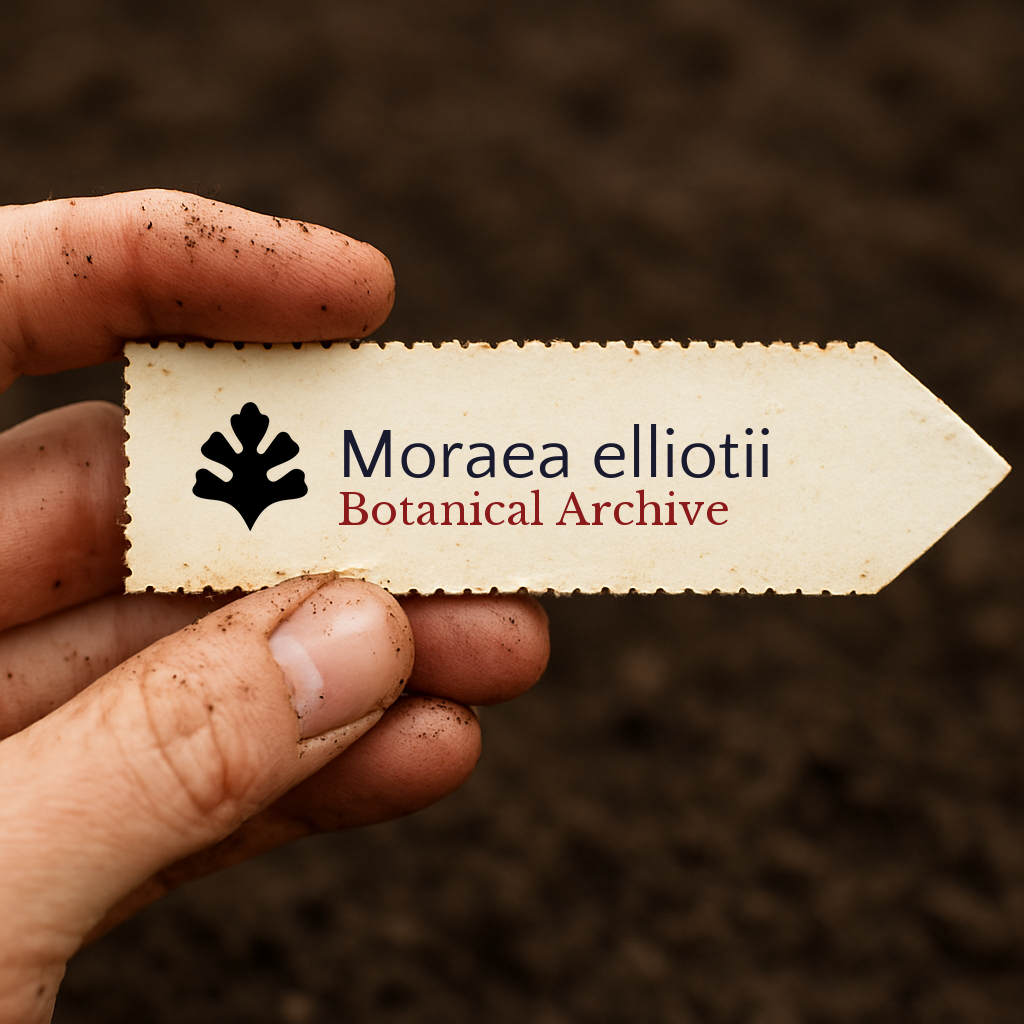 Etichetta della pianta stampata per Moraea elliotii su sfondo di terreno