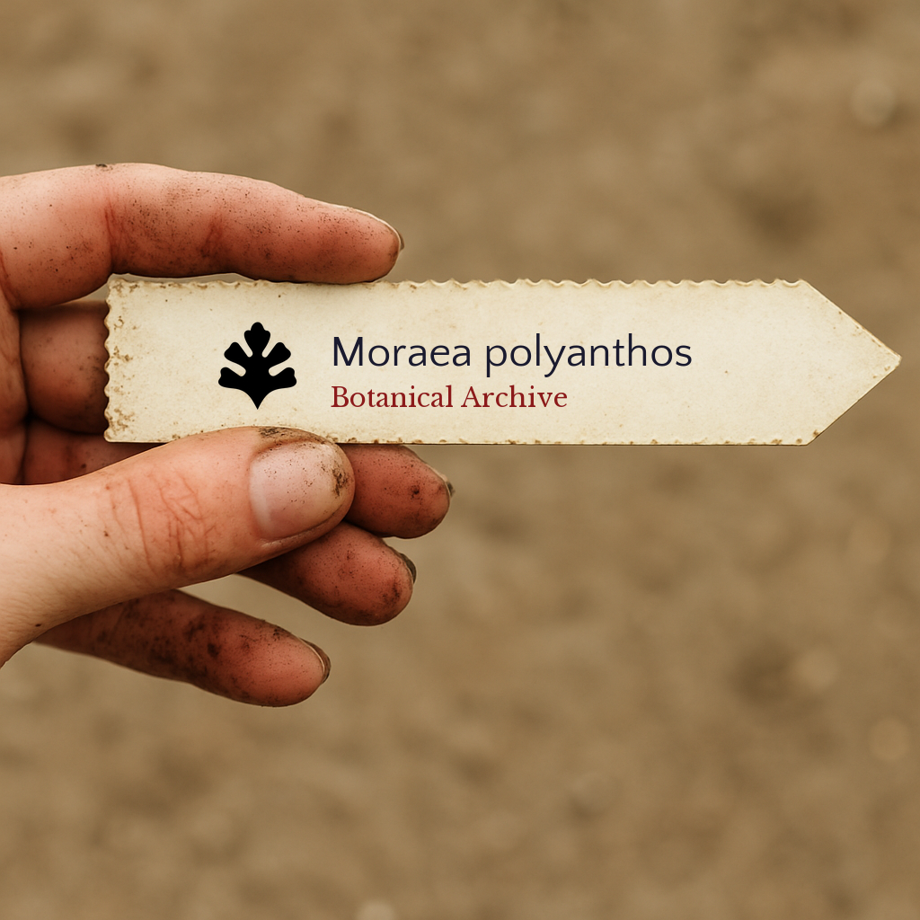 Printed plant label for Moraea polyanthos held by dirty hand over soil background