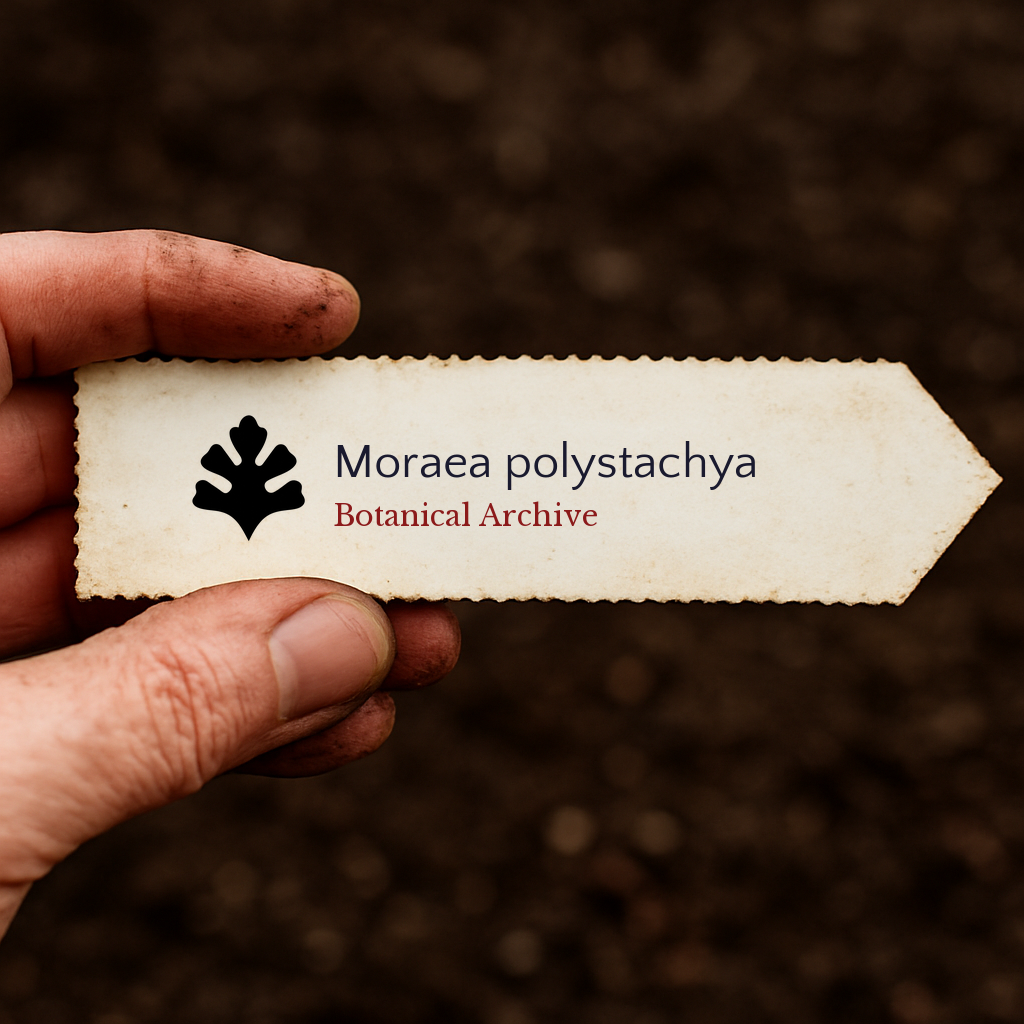 Printed plant label for Moraea polystachya held by hand over soil background