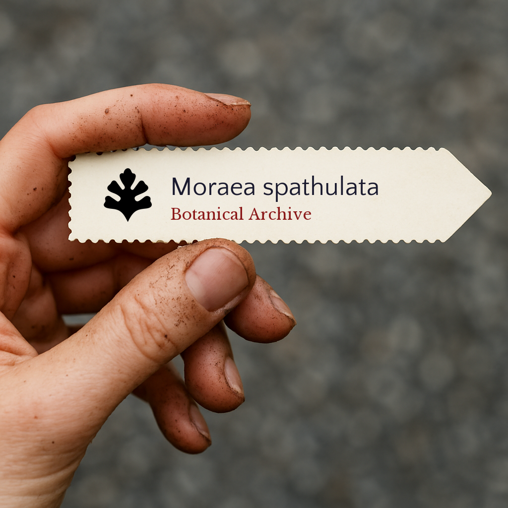 Printed plant label for Moraea spathulata held by hand with soil on fingers