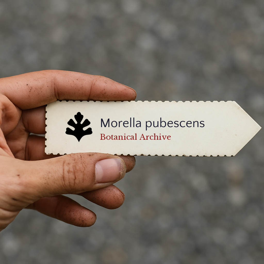 Printed plant label for Morella pubescens held by hand with soil on fingers