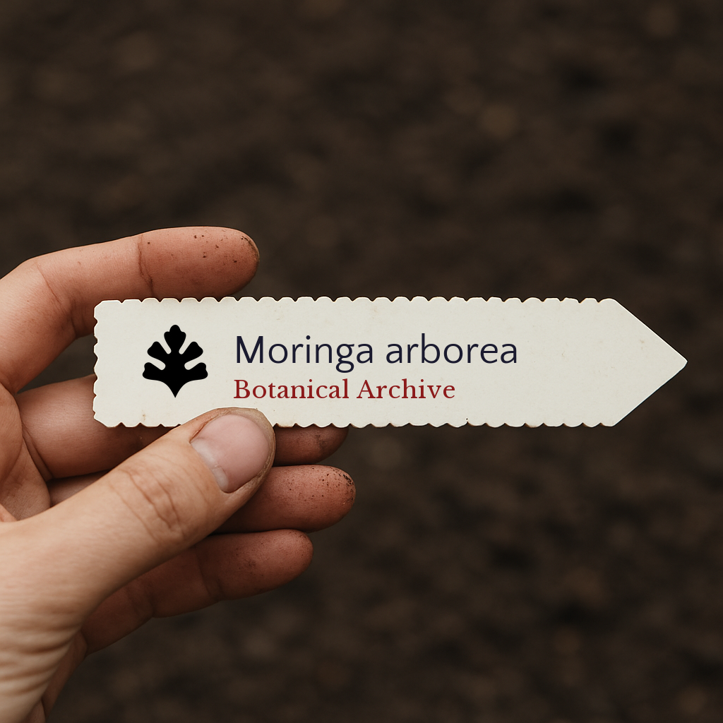 Printed plant label for Moringa arborea with botanical archive logo held by hand