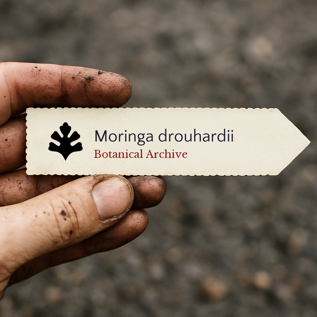 Printed plant label for Moringa drouhardii held by dirty hand outdoors