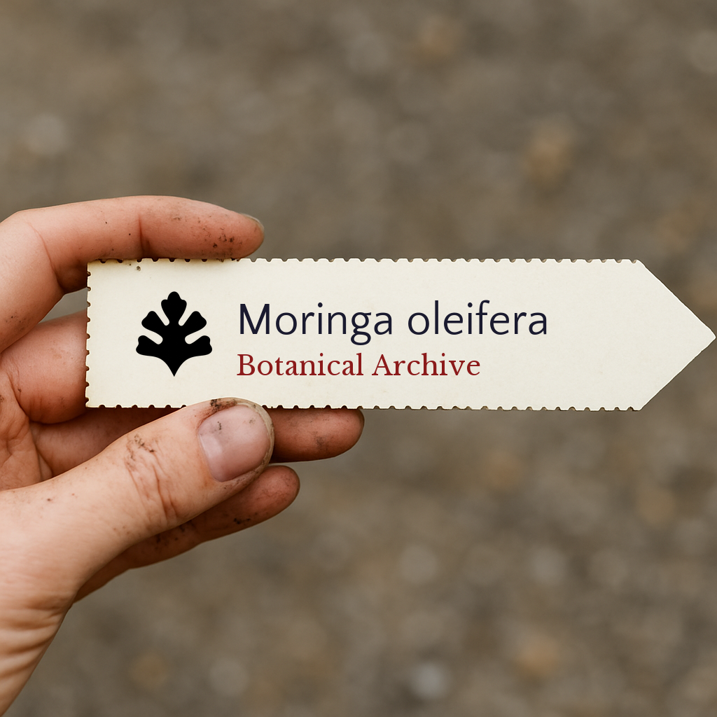 Printed plant label for Moringa oleifera with botanical archive logo held by hand