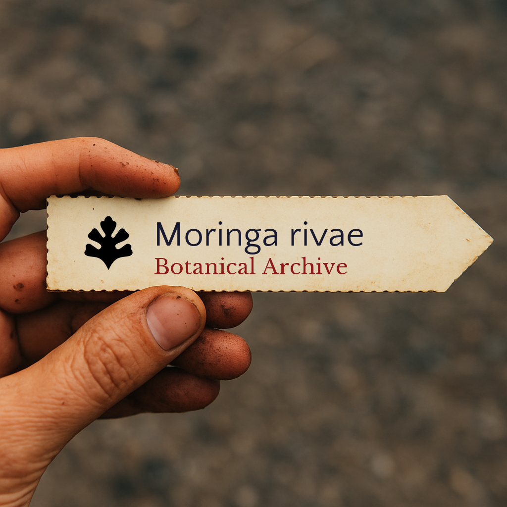 Etichetta stampata per pianta di Moringa rivae tenuta in mano con sfondo di terra