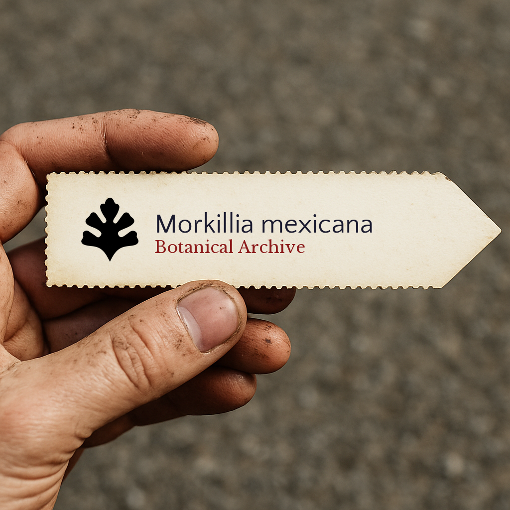 Etichetta per piante stampata per Morkillia mexicana tenuta in mano con terra sulle dita