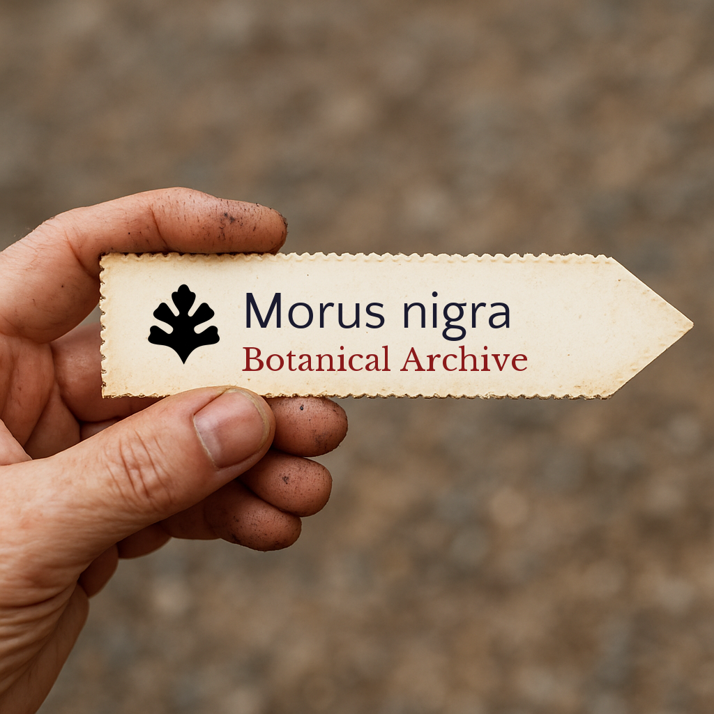 Etichetta stampata per pianta di Morus nigra tenuta a mano con terra sulle dita