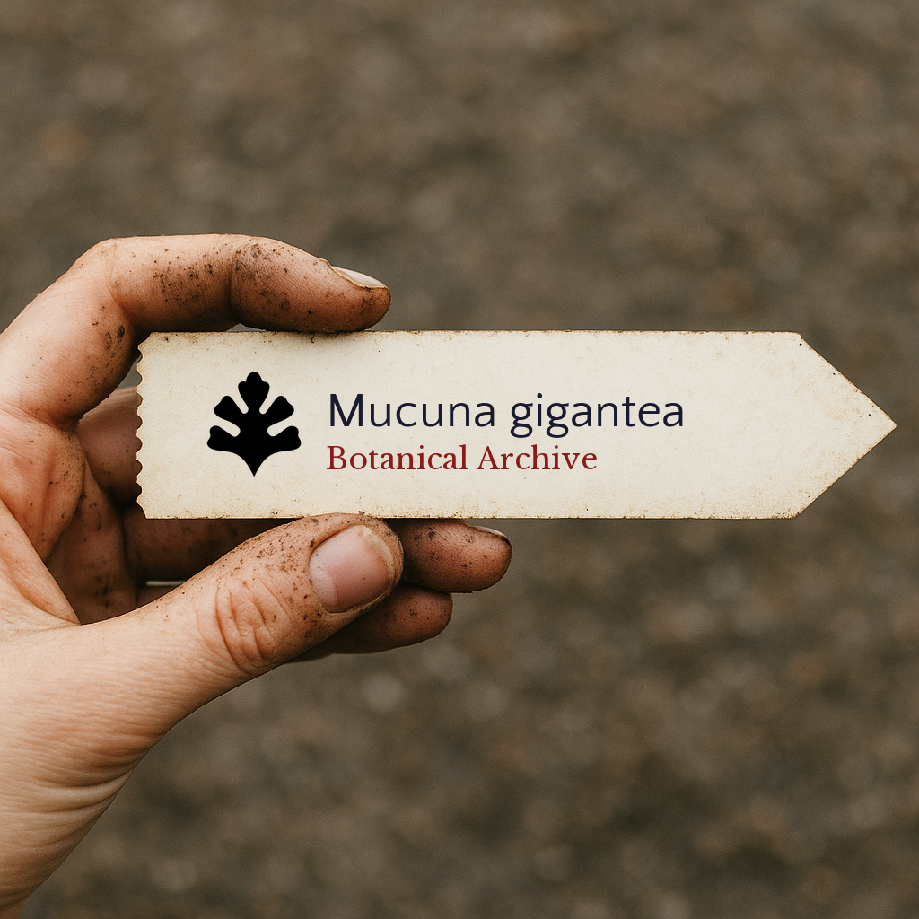 Printed plant label for Mucuna gigantea held by a dirt-covered hand outdoors
