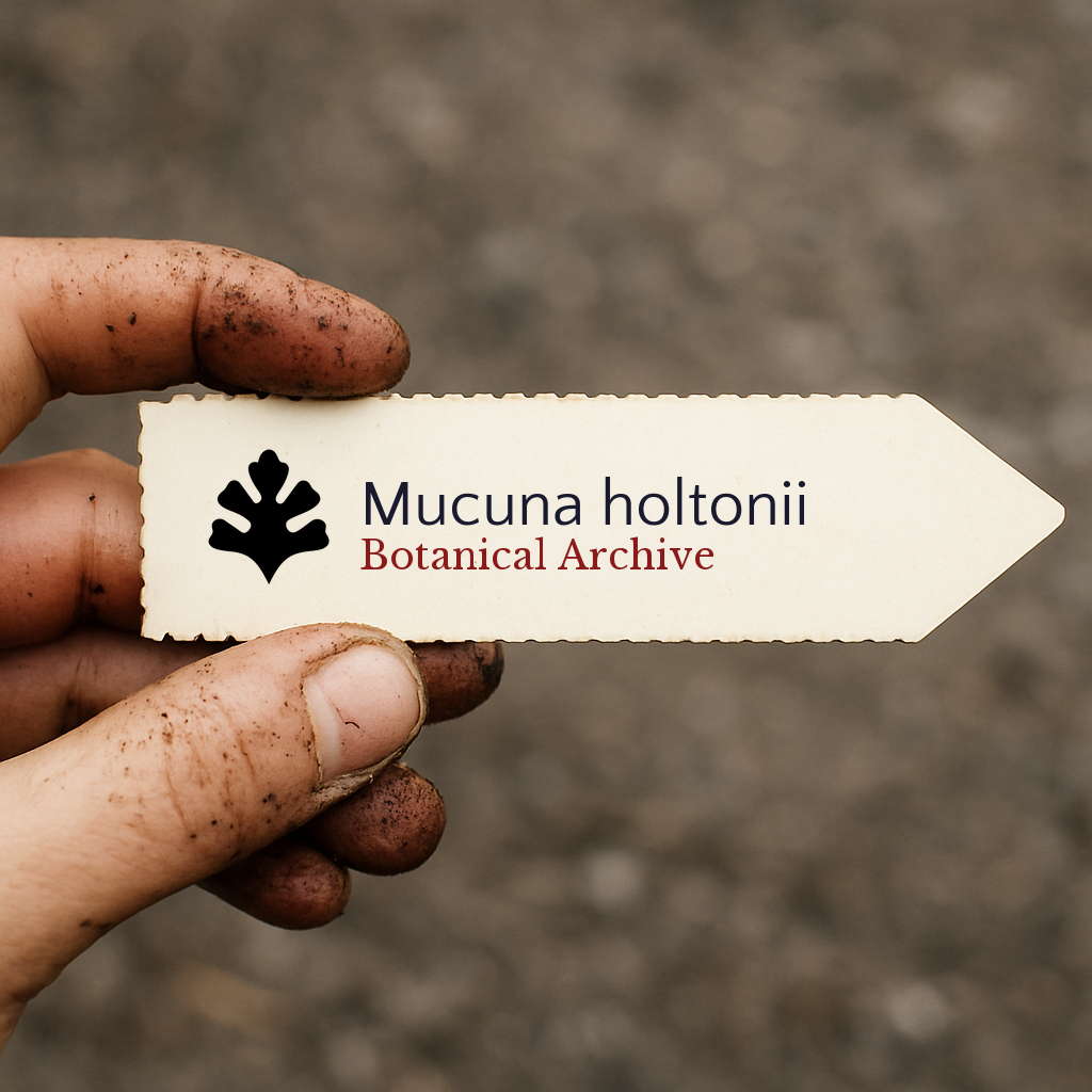 Printed plant label for Mucuna holtonii held by dirty hand against soil background
