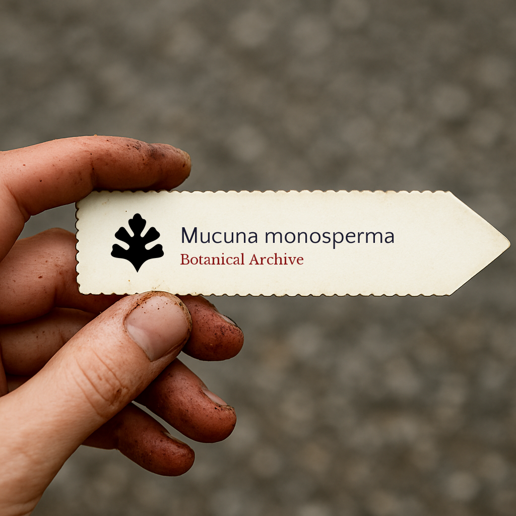 Printed plant label for Mucuna monosperma held by dirty hand outdoors