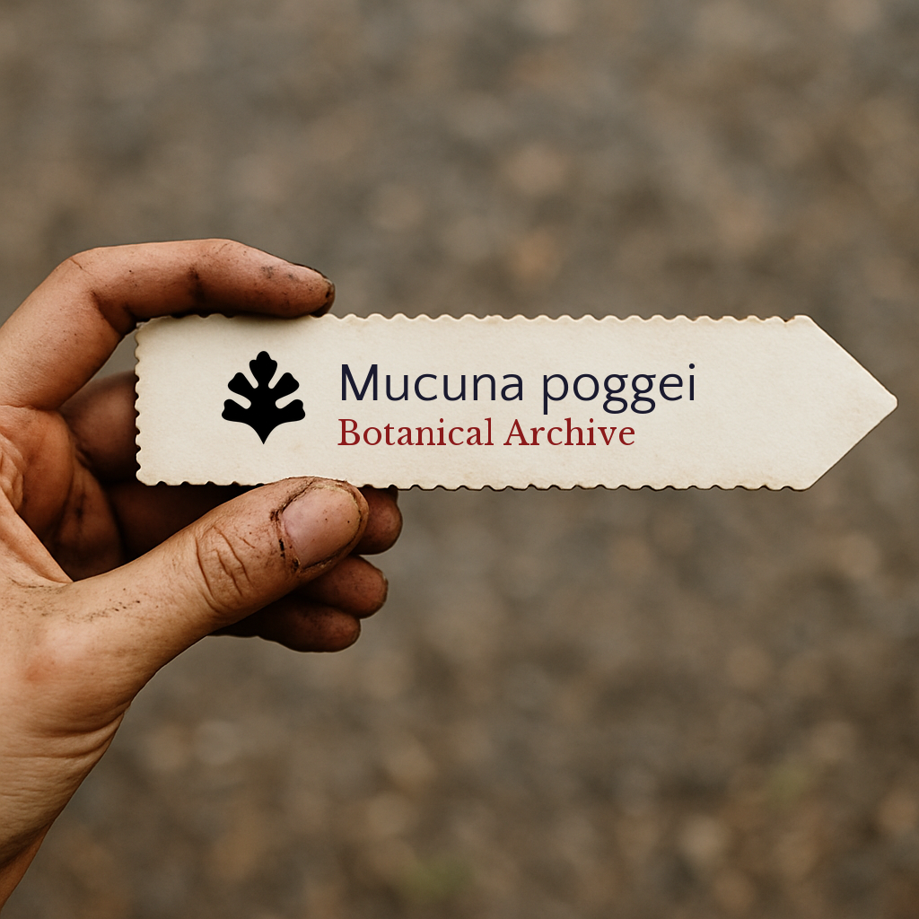 Etichetta per pianta stampata per Mucuna poggei tenuta da mano sporca all'aperto