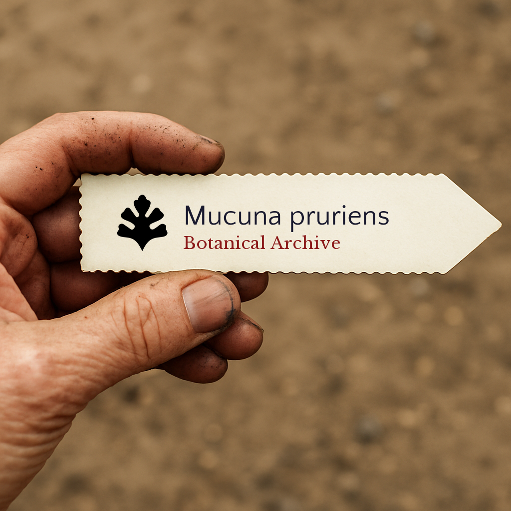 Printed plant label for Mucuna pruriens held by dirty hand outdoors