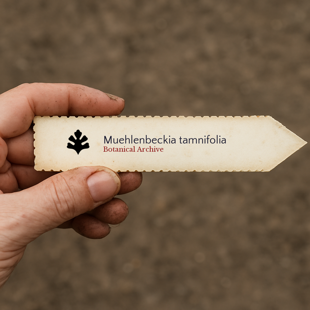 Etichetta per pianta stampata per Muehlenbeckia tamnifolia Botanical Archive tenuta a mano con sfondo di terra