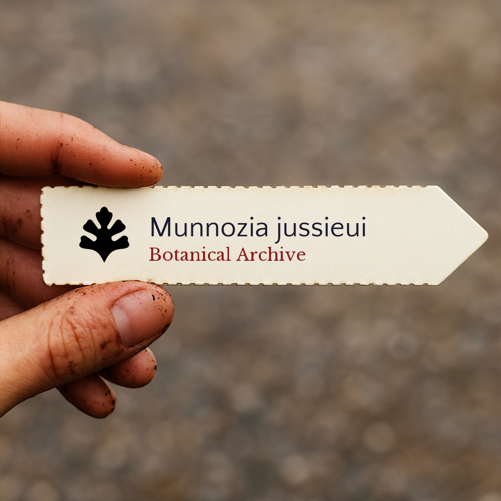 Etichetta stampata per pianta di Munnozia jussieui con logo Botanical Archive tenuta a mano