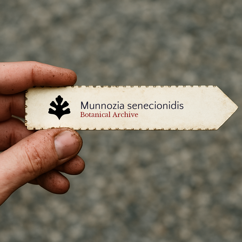Plant label for Munnozia senecionidis with botanical archive logo held by dirty hand