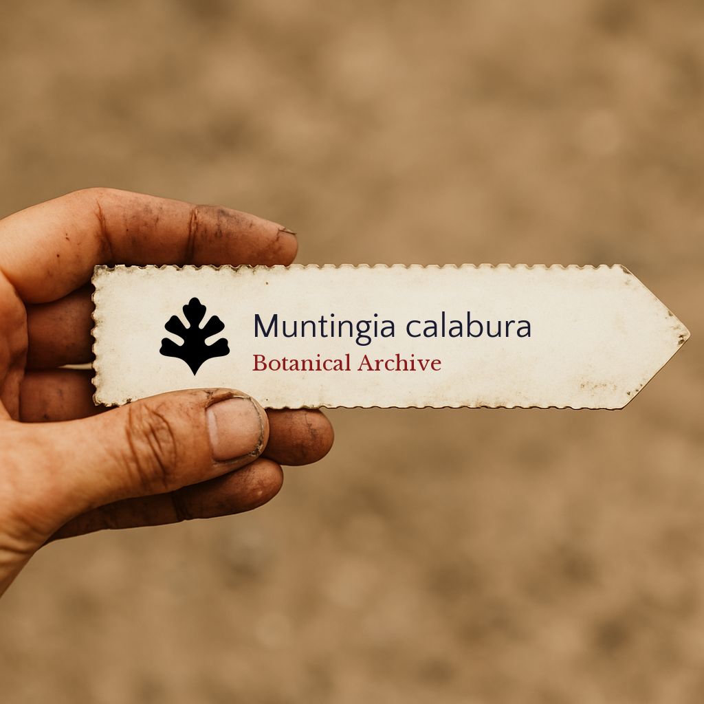 Etichetta stampata per pianta di Muntingia calabura con logo di Botanical Archive tenuta a mano