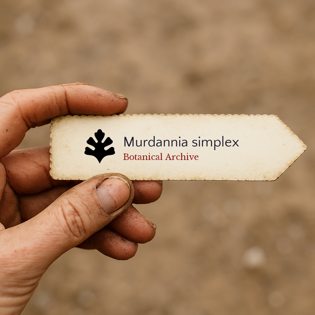 Etichetta d'archivio botanico vintage per Murdannia simplex tenuta a mano con terra