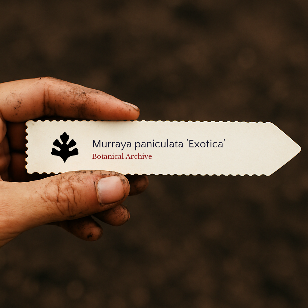 Etichetta stampata per pianta di Murraya paniculata 'Exotica' tenuta da una mano sporca su sfondo di terreno