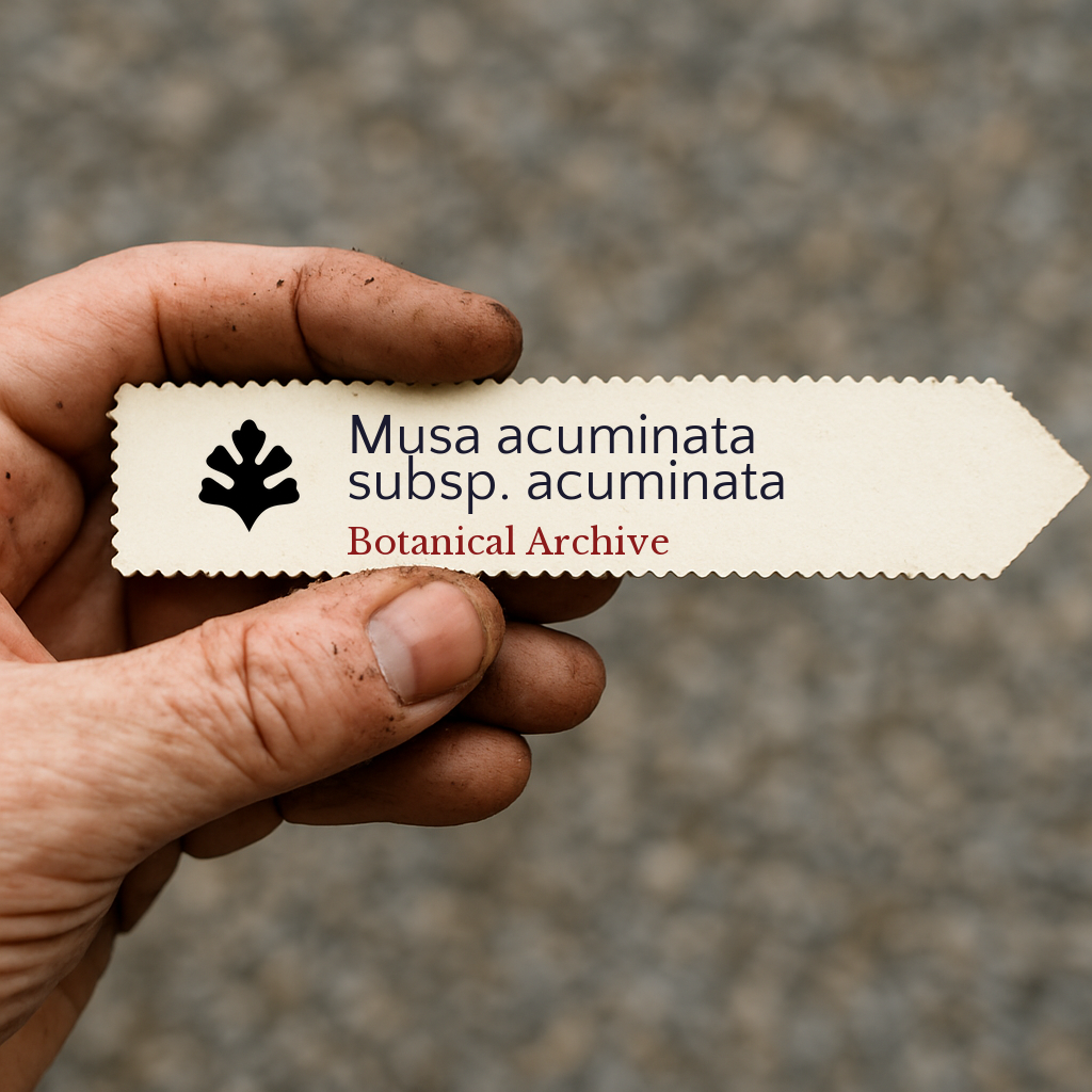 Printed plant label for Musa acuminata subsp. acuminata held by dirty hand outdoors
