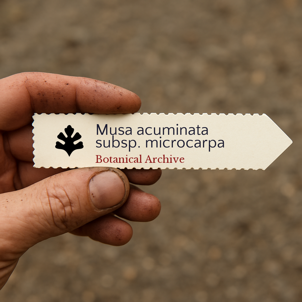 Etichetta per pianta stampata per Musa acuminata subsp. microcarpa tenuta da una mano sporca all'aperto