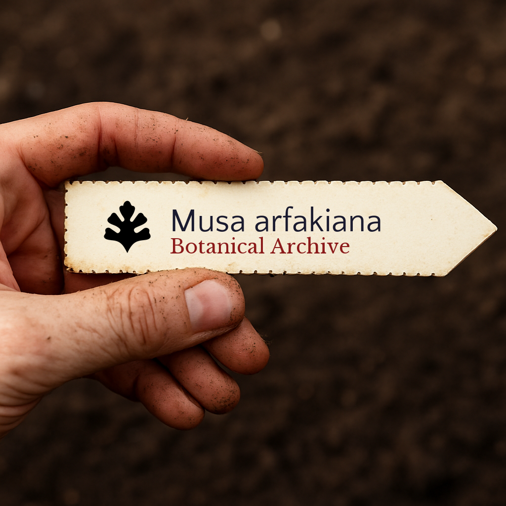 Etichetta stampata per pianta Musa arfakiana tenuta in mano con sfondo di terra