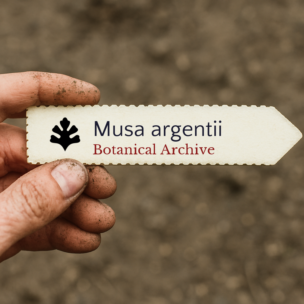 Etichetta stampata per pianta di Musa argentii con logo Botanical Archive tenuta da mano sporca