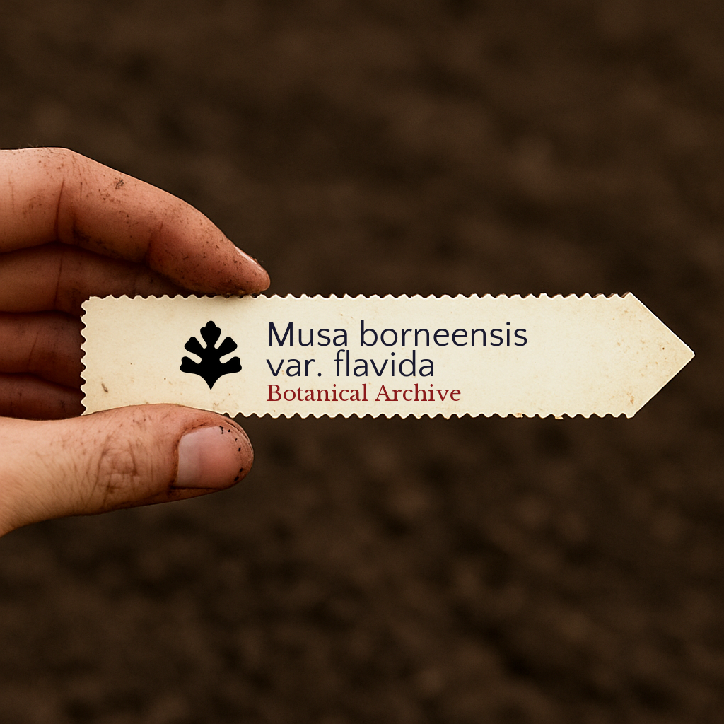 Etichetta stampata per pianta Musa borneensis var. flavida tenuta sopra uno sfondo di terra