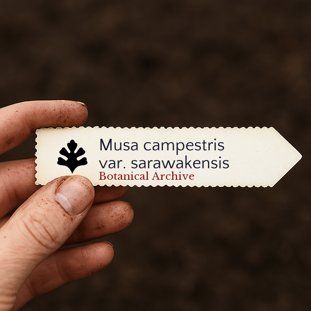 Printed plant label for Musa campestris var. sarawakensis held by hand over soil background