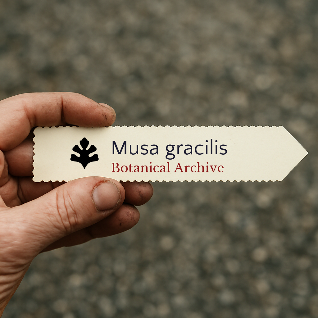 Printed plant label for Musa gracilis held by hand with blurred gravel background