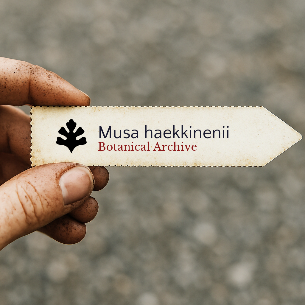 Etichetta per pianta stampata per Musa haekkinenii tenuta da mano sporca con logo Botanical Archive