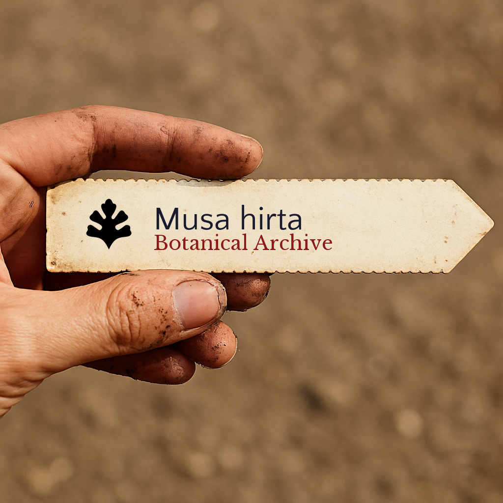 Printed plant label for Musa hirta held by dirty hand against soil background