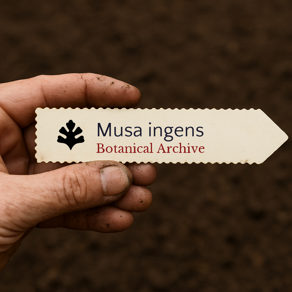 Etichetta stampata per pianta di Musa ingens tenuta in mano su sfondo di terreno
