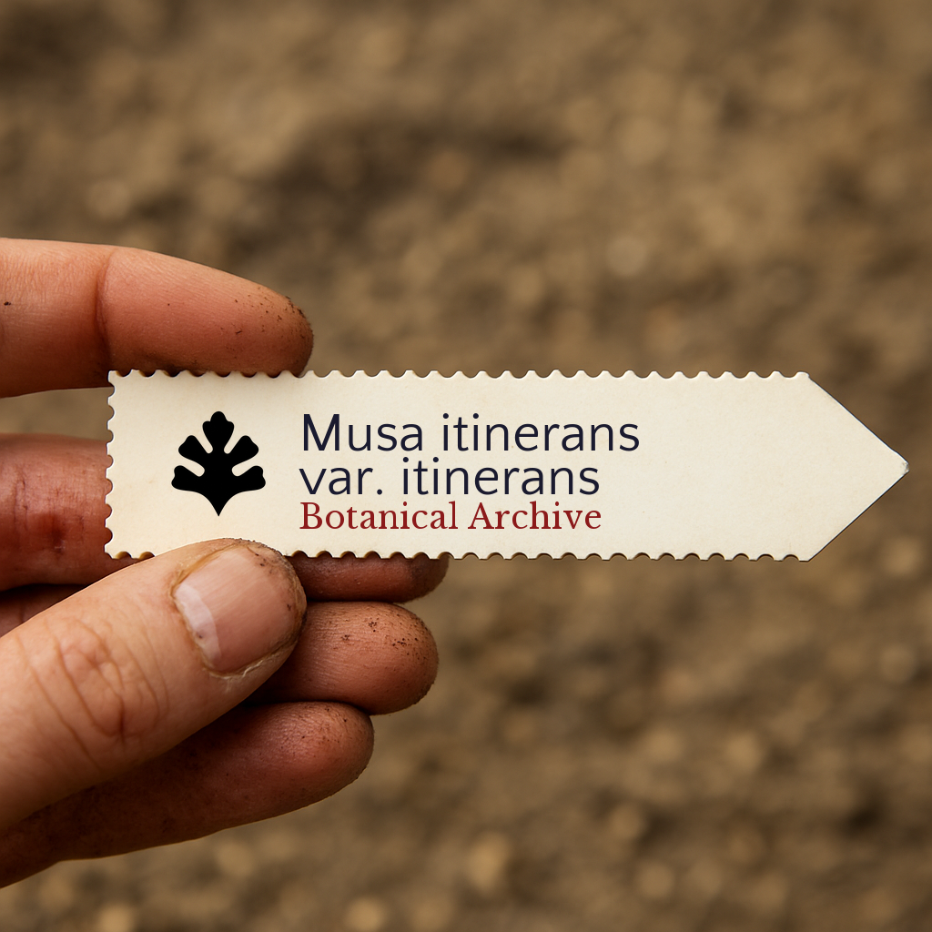 Etichetta stampata per pianta di Musa itinerans var. itinerans tenuta sopra sfondo di terra
