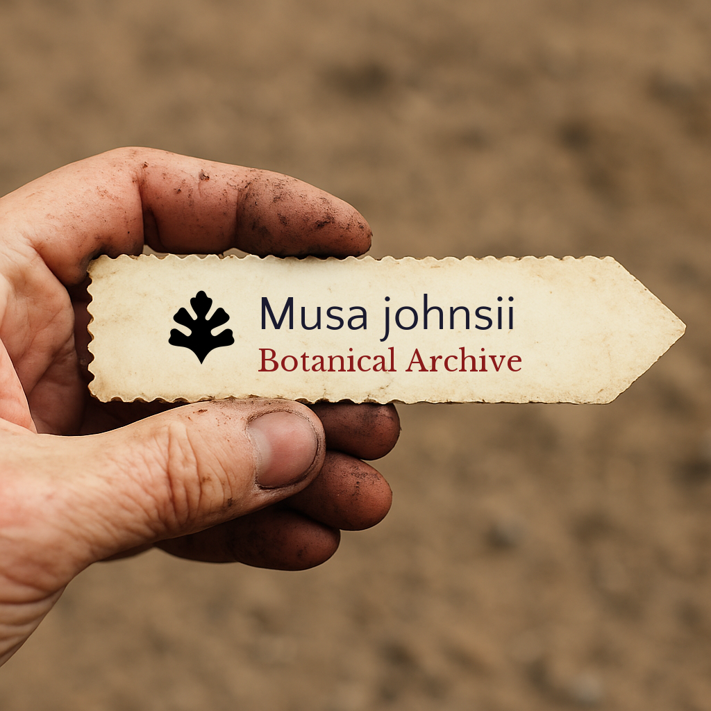 Etichetta per pianta stampata per Musa johnsii tenuta da mano sporca con sfondo di terra sfocata