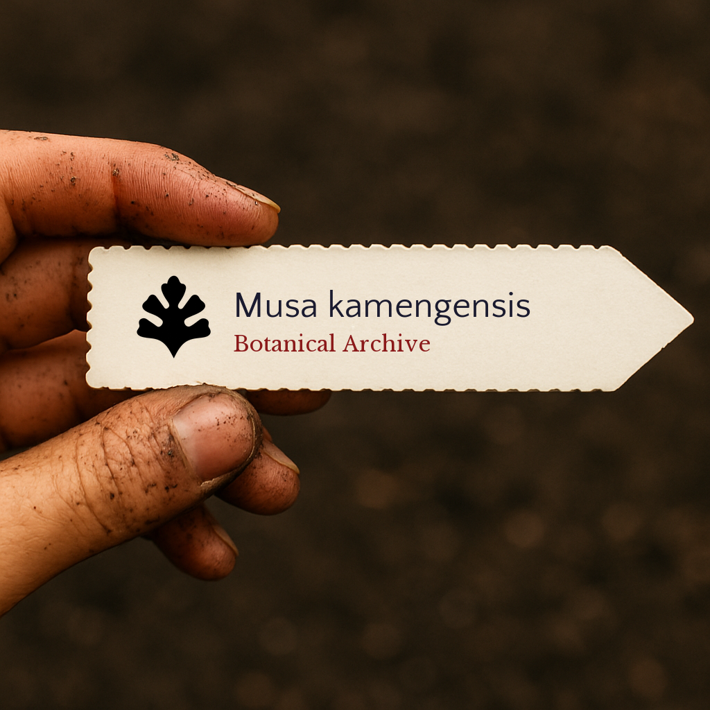 Printed plant label for Musa kamengensis held by dirty hand over soil background