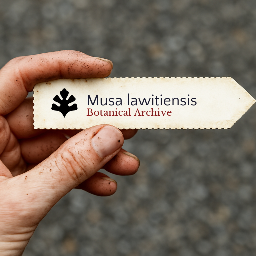 Printed plant label for Musa lawitiensis held by dirty hand outdoors