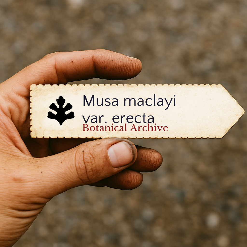 Etichetta per pianta stampata per Musa maclayi var. erecta tenuta a mano con sfondo di terra