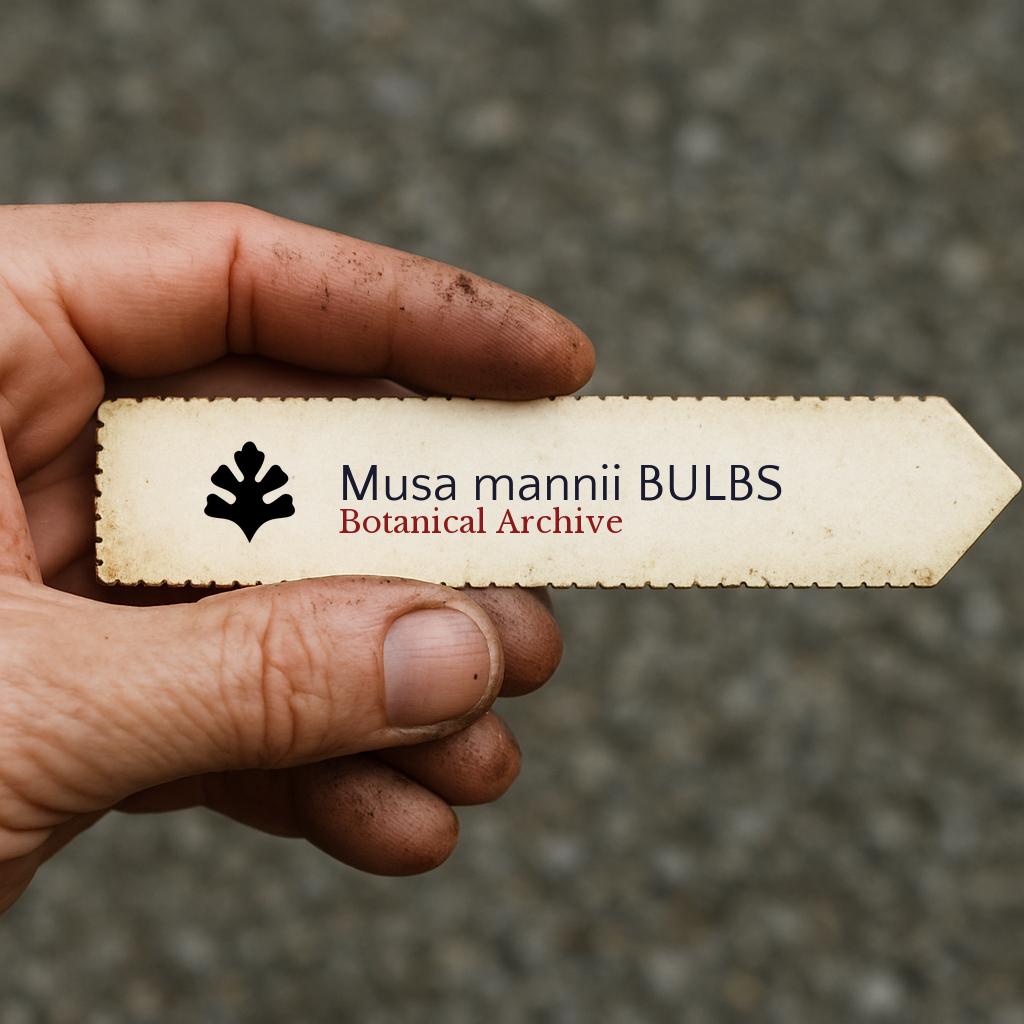 Printed plant label for Musa mannii with botanical archive logo held by dirty hand