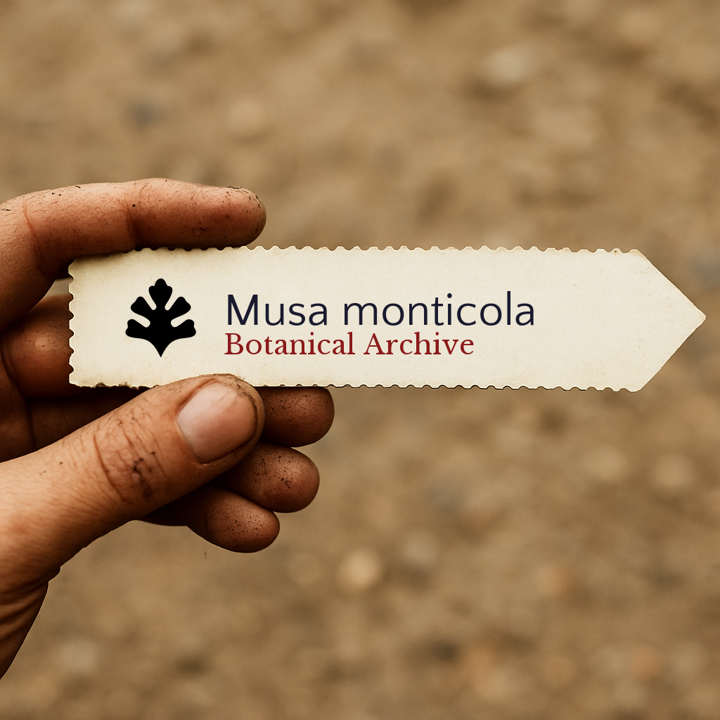 Etichetta stampata per pianta di Musa monticola Botanical Archive tenuta da mano sporca