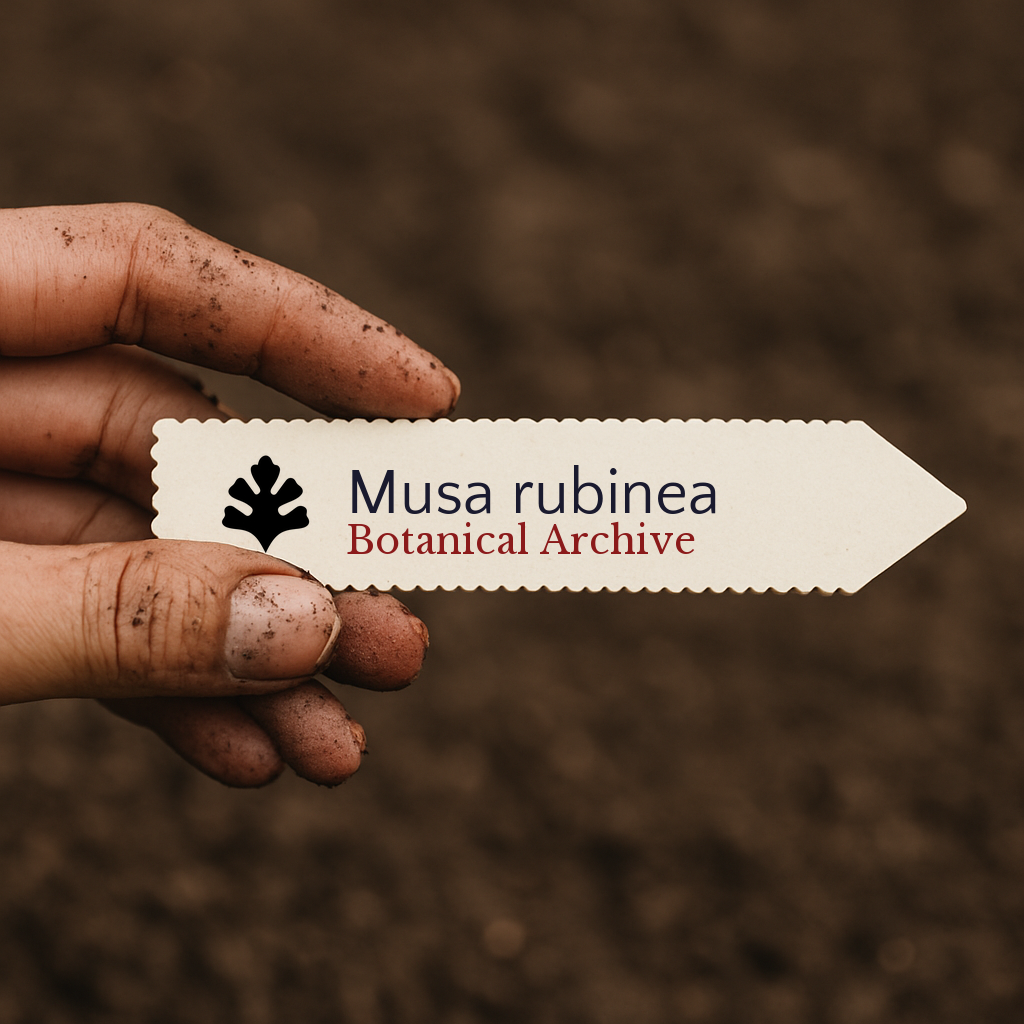 Printed plant label for Musa rubinea held by dirty hand over soil background